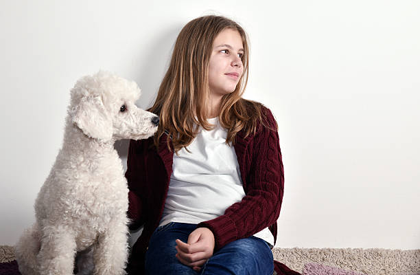 Studio portrait of a beautiful teenage girl Holding her pet poodle